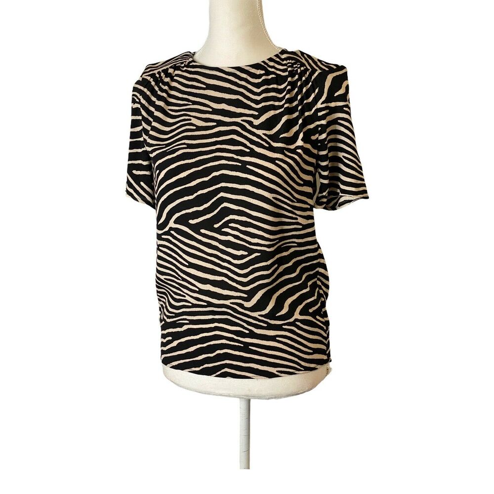 H&M Women’s Chiffon Striped Zebra Print Blouse Relaxed Top Black Cream SZ 0 NWT